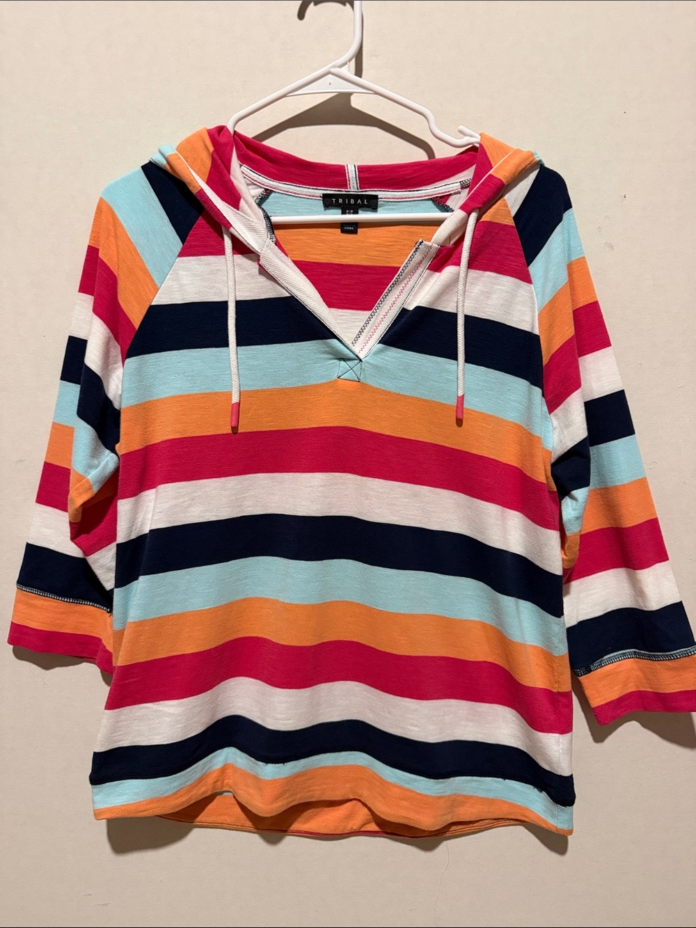 Tribal Striped Hooded Pullover in Navy, Pink, Orange & Light Blue